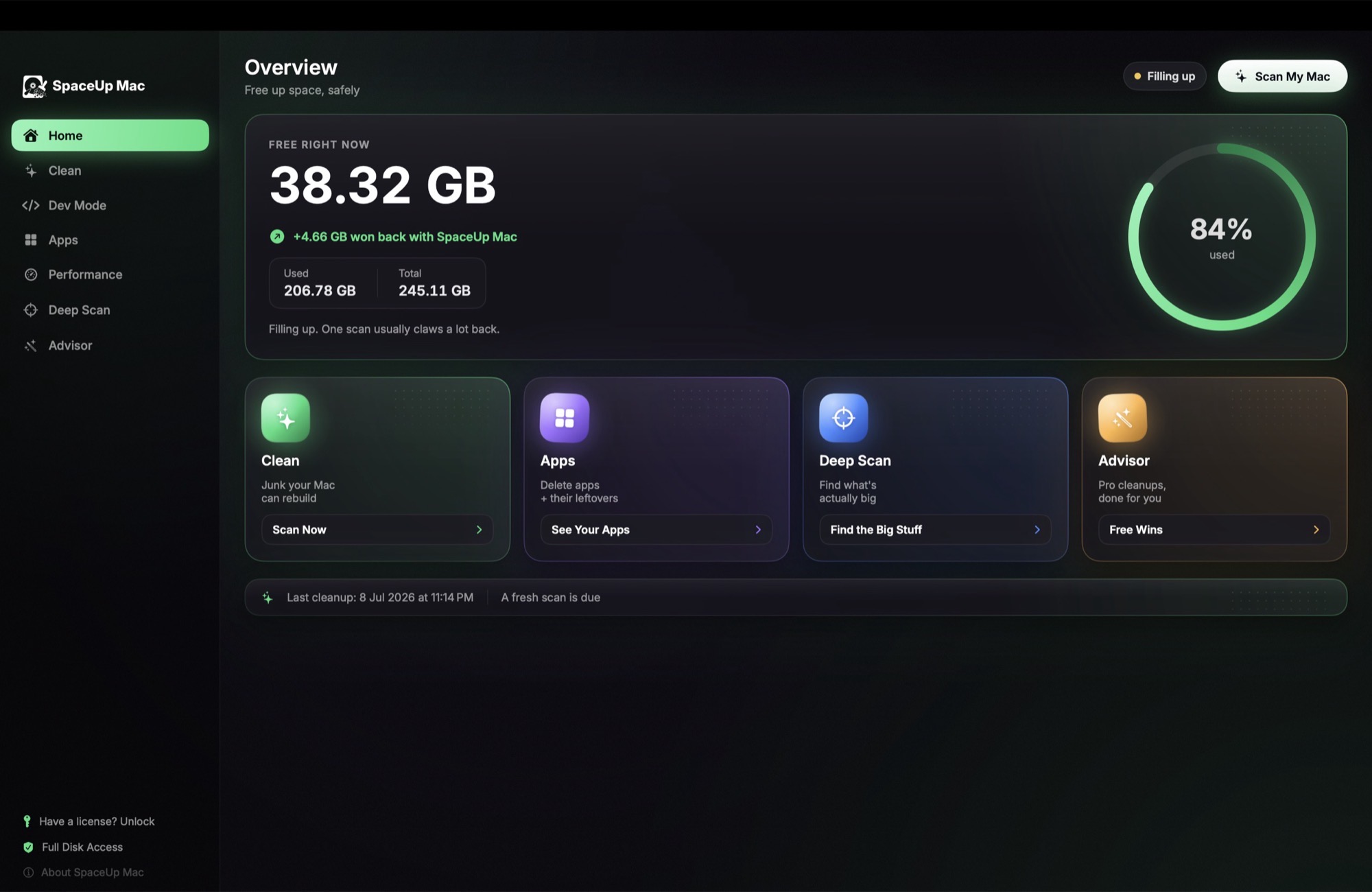 SpaceUp Mac dashboard showing 38.32 GB free right now